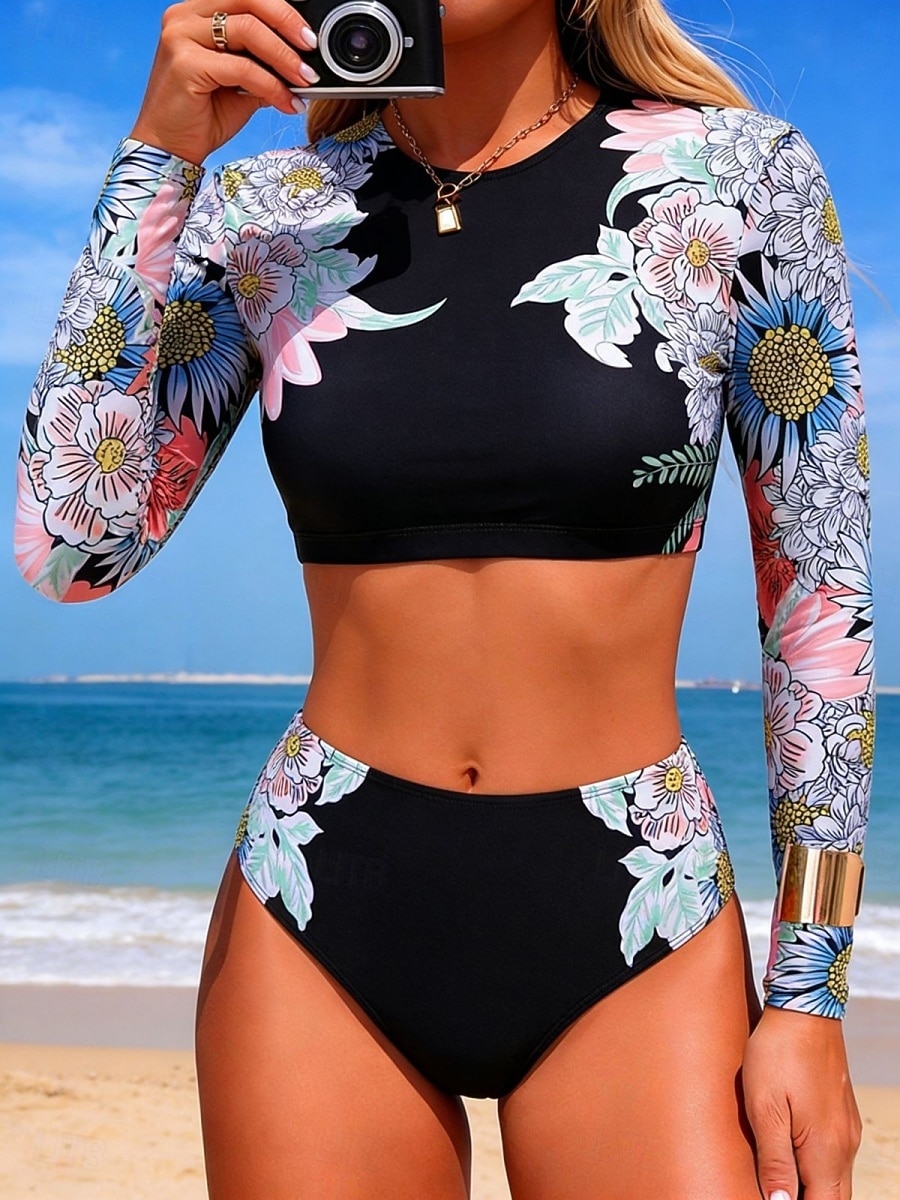 Damskie Stroje kąpielowe Bikini 2 szt Majtki Kostium kąpielowy Szczupła Odkryte plecy Urlop Stroje plażowe Kwiaty Okrągły dekolt Długi rękaw Kostiumy kąpielowe 2026 - $24.99 –P4