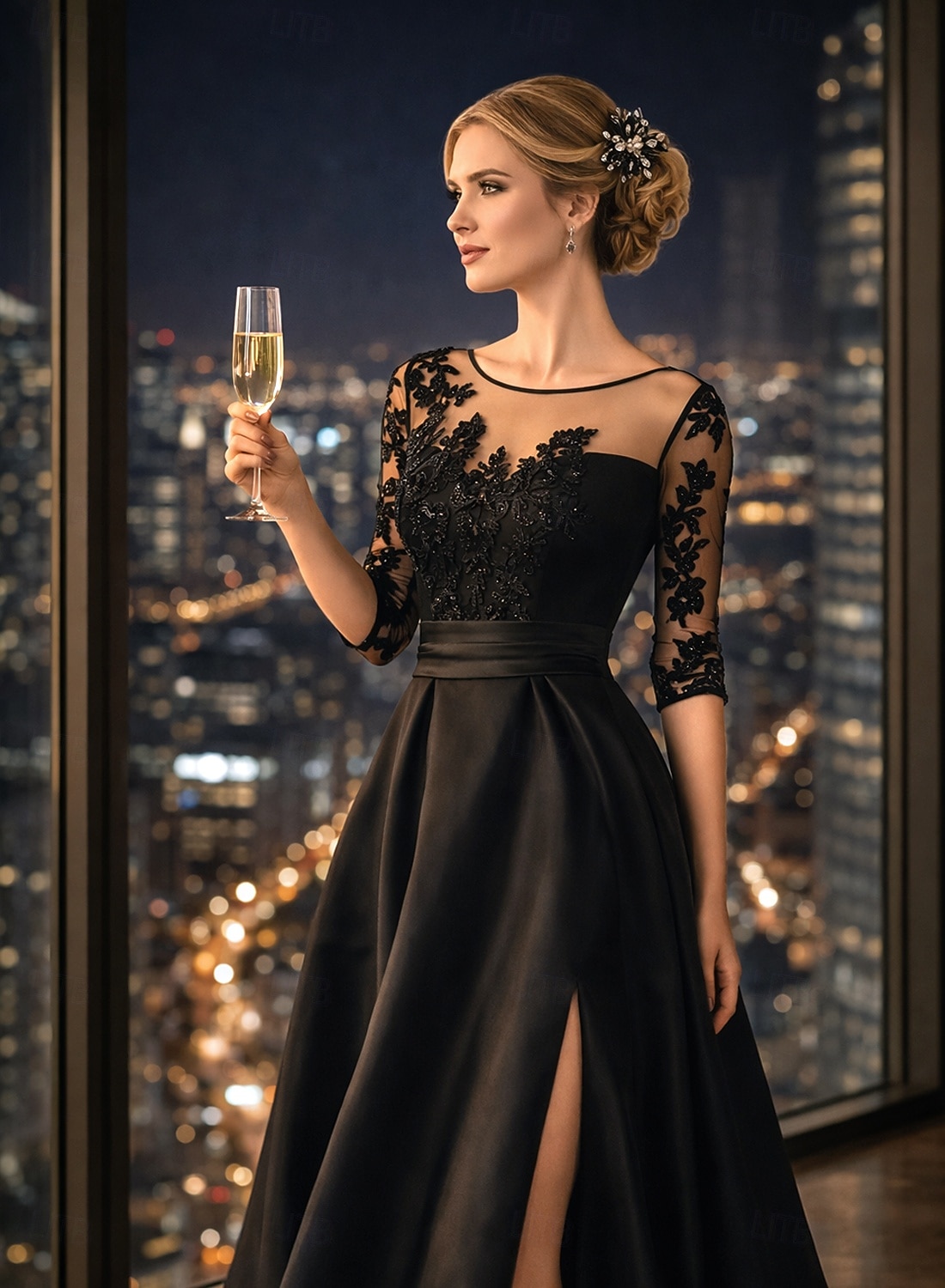 Linia -A Lungime Podea Rochie pentru invitata de nunta Rochie formala Rochie Flare Rochie Mama Miresei Lungime Manșon 3/4 Bijuterie Elegant Mamă Invitat la nunta Satin cu Mărgele Aplică 2026 - $206.99 –P3