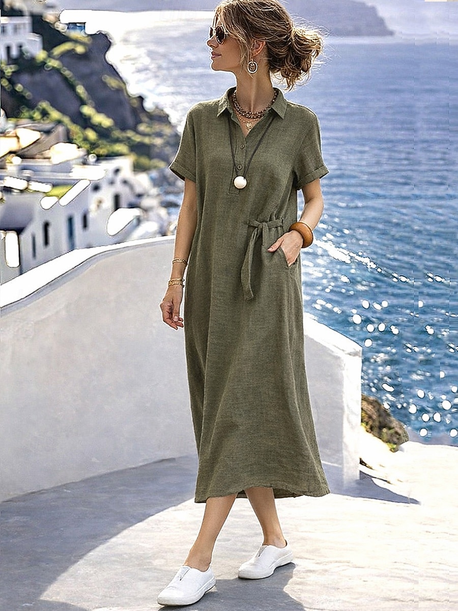 Per donna Abito maxi Abito a trapezio Abito Estivo Casual Quotidiano Vestibilità regolare Semplice Manica Corta Bavero Nero Grigio scuro Verde militare Estate del 2026 a $24.99 –P2
