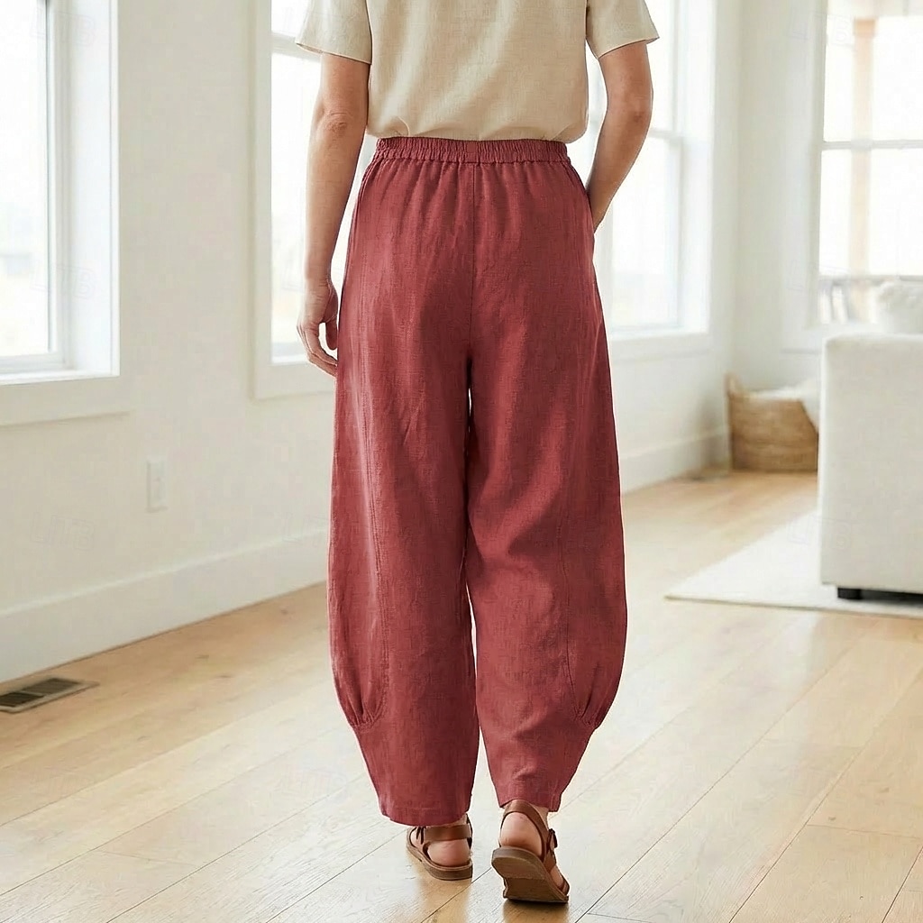 Damen-Leinenhose aus 70 % Leinen, weites Bein, Chino-Stil, Sommerhose, Urlaubshose, Streetwear, Basic, lange Länge, mittlere Bundhöhe, schlicht, Tasche, elastischer Bund, bequem, komfortabel, nicht elastisch, für Alltag, Outdoor, Straße, Bordeauxrot, Azur 2026 - $49.99 –P15