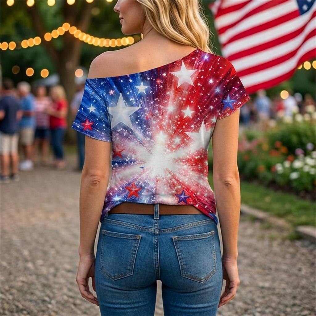250-jähriges Jubiläum USA Retro Vintage 1980er T-Shirt Ein-Schulter Kurze Ärmel Kostüm Damen 4. Juli Unabhängigkeitstag Erwachsene T-shirt 2026 - $18.99 –P2