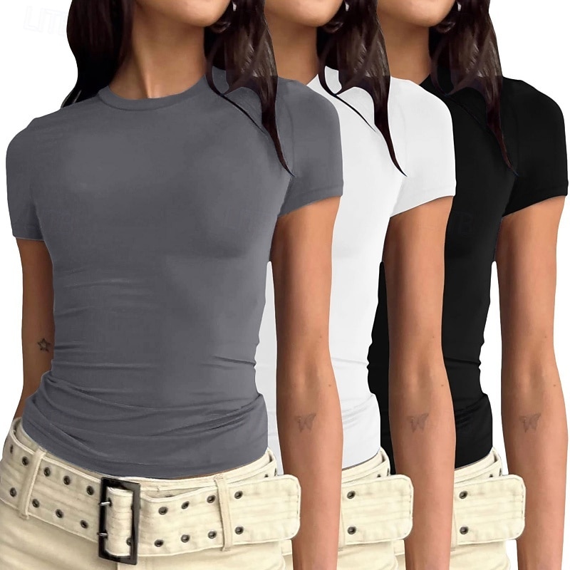 Confezioni multiple Confezione da 3 Femminile Girocollo Manica Corta Nero + bianco + grigio Maglietta Semplice Casuale Quotidiano Poliestere Estate del 2026 a $28.99 –P6