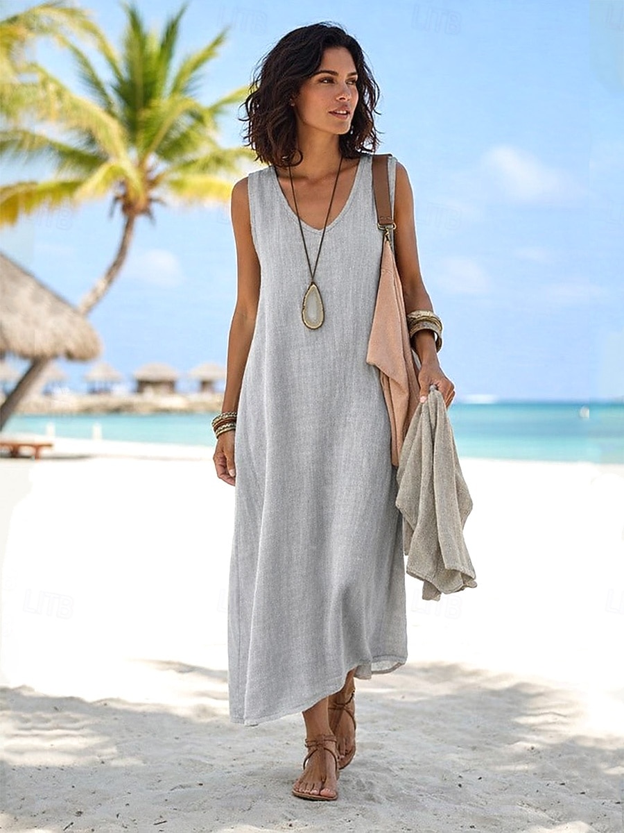 Φόρεμα Maxi από Λευκό Λινό Σατέν με Λάδι Σατράπεζα Φόρεμα Καλοκαίρι Καθημερινό Εξωτερικό Κανονική Εφαρμογή Μονοχρωμία Χωρίς Μανίκι V Λαιμό Μπλε Καλοκαίρι Άνοιξη 2026 - $26.99 –P7