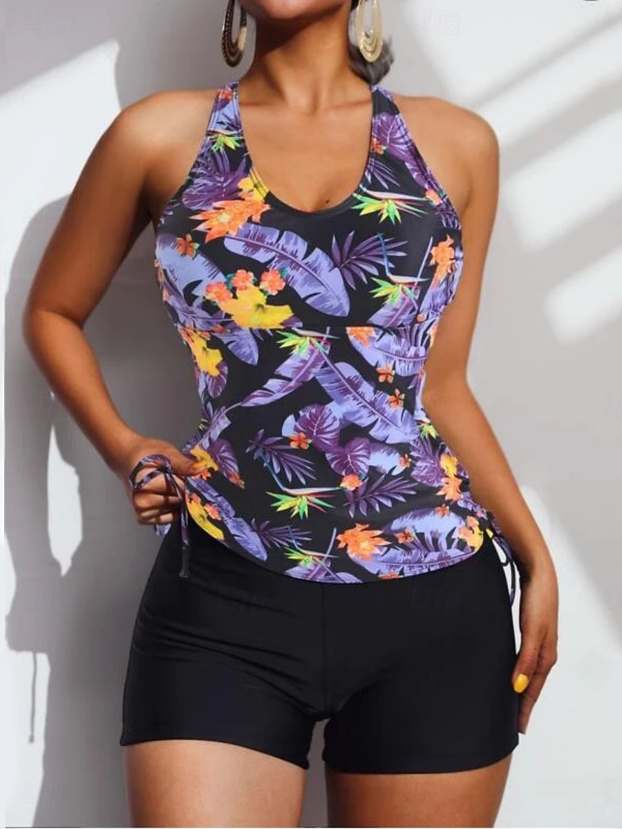 Women's Swimwear Tankini 2 Piece Shorts Swimsuit Tummy Control High Waist Slim Backless Vacation Beach Wear Floral Tropical U Neck Sleeveless Bathing Suits 2026 - $28.99 –P2
