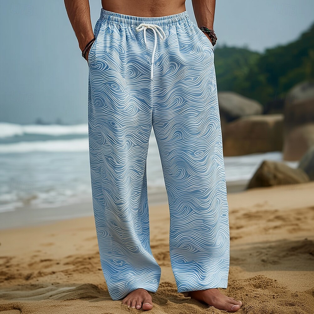 Homens Geométrica oceano Ondas Calças Calças largas Calça casual Cintura Média Havaiana Ao ar livre Férias Roupa de Praia Cintura elástica com cordão Calças de linho com bolsos Verão Primavera de 2026 por $27.99 –P1
