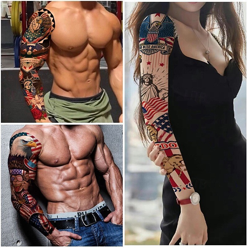 8 hojas de tatuajes temporales de brazo completo para hombres, pegatinas de tatuajes de manga con calavera y águila con la bandera patriótica de EE. UU., tatuajes falsos extragrandes e impermeables 2026 - $14.99 –P3