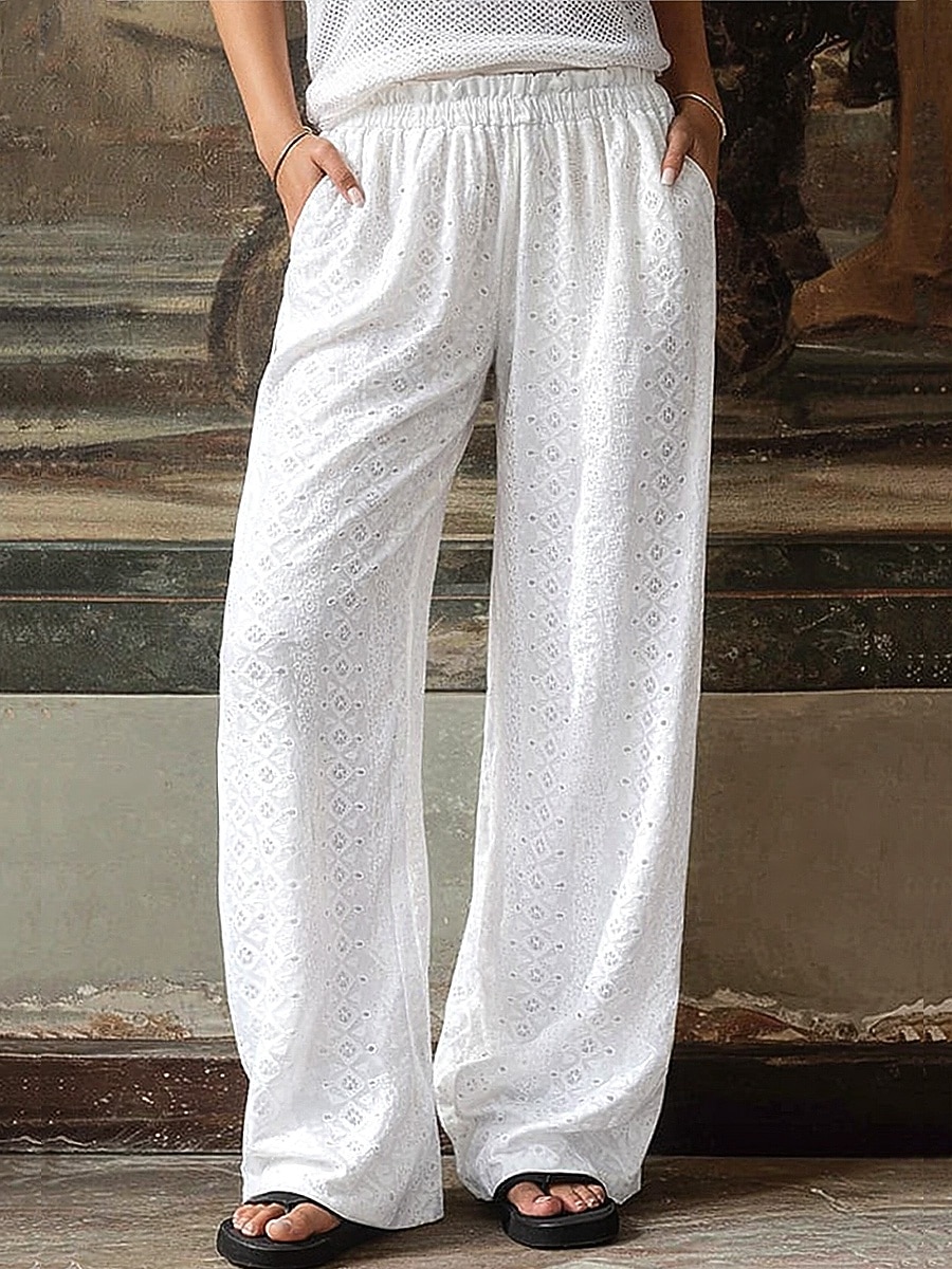 Damen Weites Bein Chinos Urlaub Mode Streetwear Volle Länge Hohe Taille Einfach Tasche Elastischer Bund Bequem Komfort Weich Dehnbar Outdoor Straße Weiß Sommer Frühling Herbst Lässiger Schnitt 2026 - $26.99 –P1