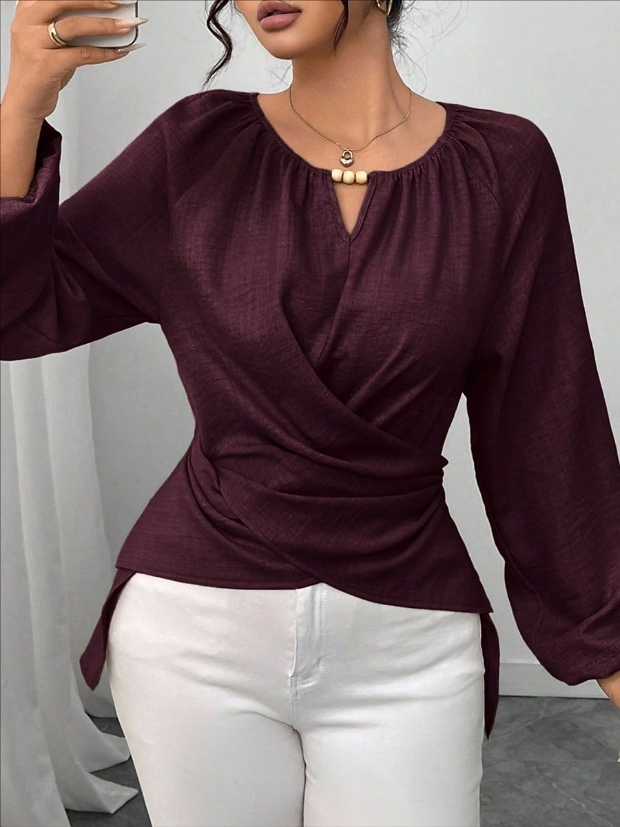 Women's Blouse Ruched Plain Elegant Stylish Basic Long Sleeve Crew Neck Regular Tops Daily Streetwear Black Pink Wine Green Khaki Spring Fall 2026 - $29.99 –P9
