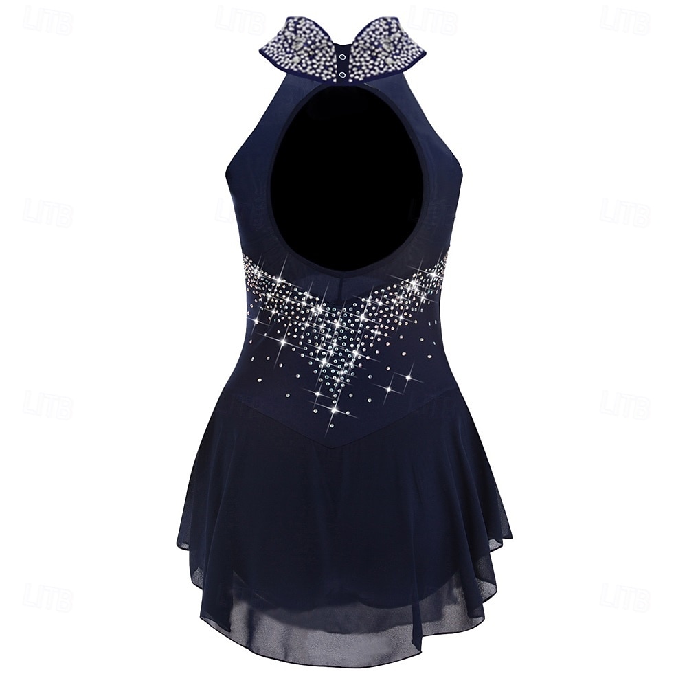 Eiskunstlaufkleid Mädchen Eislaufen Kleid Dunkelmarine Patchwork Asymmetrischer Saum Hohe Elastizität Training Wettbewerb Eiskunstlaufkleidung Klassisch Kristall / Strass Ärmellos Eislaufen 2026 - $157.99 –P3
