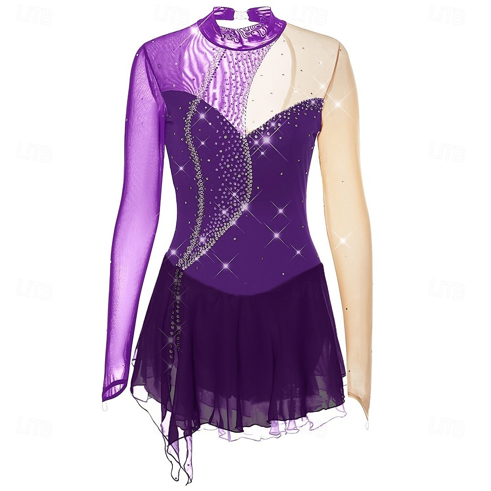 Figure Skating Dress Girls' Ice Skating Dress Violet Black Yellow Patchwork Open Back High Elasticity Training Competition Skating Wear Classic Crystal / Rhinestone Long Sleeve Ice Skating Figure 2026 - $204.69 –P5