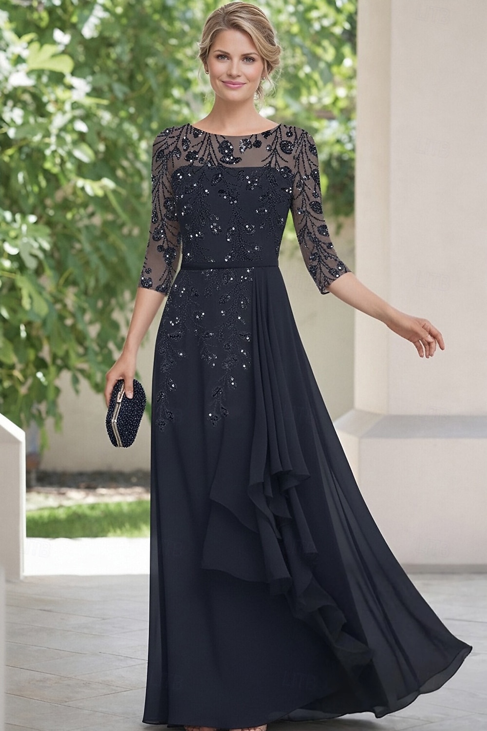 A-Line Floor Length Mother of the Bride Dress 3/4 Length Sleeve Boat Neck Elegant Vintage Embellished Formal Chiffon Lace with Beading Cascading Ruffles 2026 - $183.99 –P4