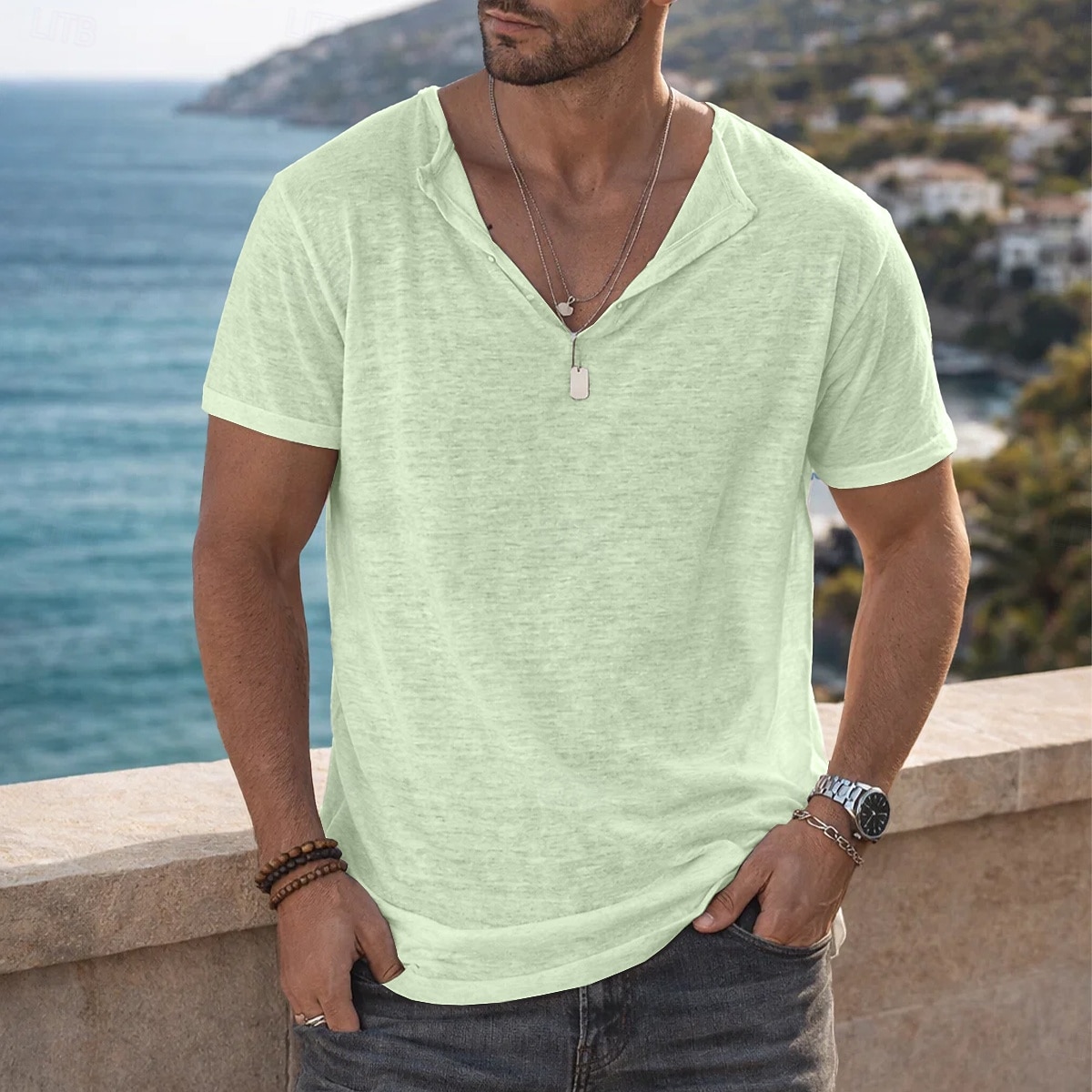 Men's Tee Top Linen T-Shirt Short Sleeve Short Sleeves Henley Collar Summer Plain Fashion Designer Basic Soft Casual Vacation Street Light Blue Top Tee for Men 2026 - $20.99 –P7