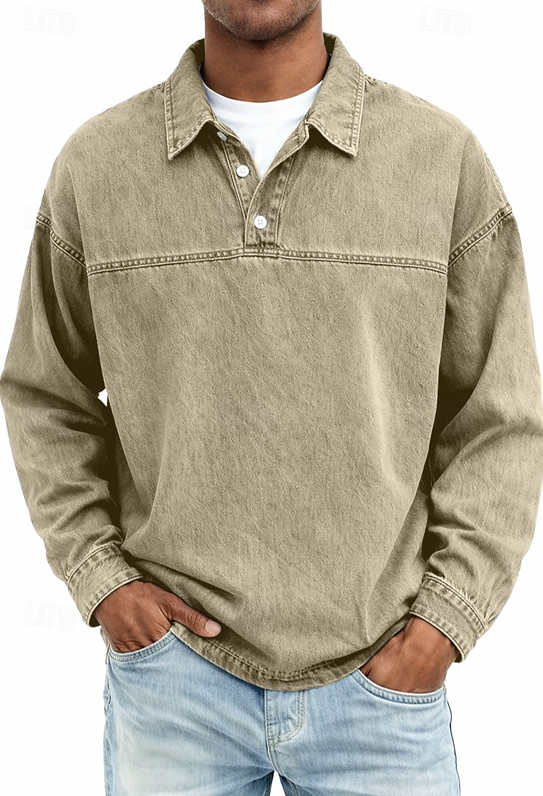 Herren Jeanshemd Baumwoll-Poloshirt Lässig Urlaub Klassisch Langarm Mode Basic Einfarbig Einfach Vintage-Stil Gewaschen Frühling Winter Frühling & Herbst Normale Passform Schwarz Hellgrün Rosa 2026 - $33.99 –P7