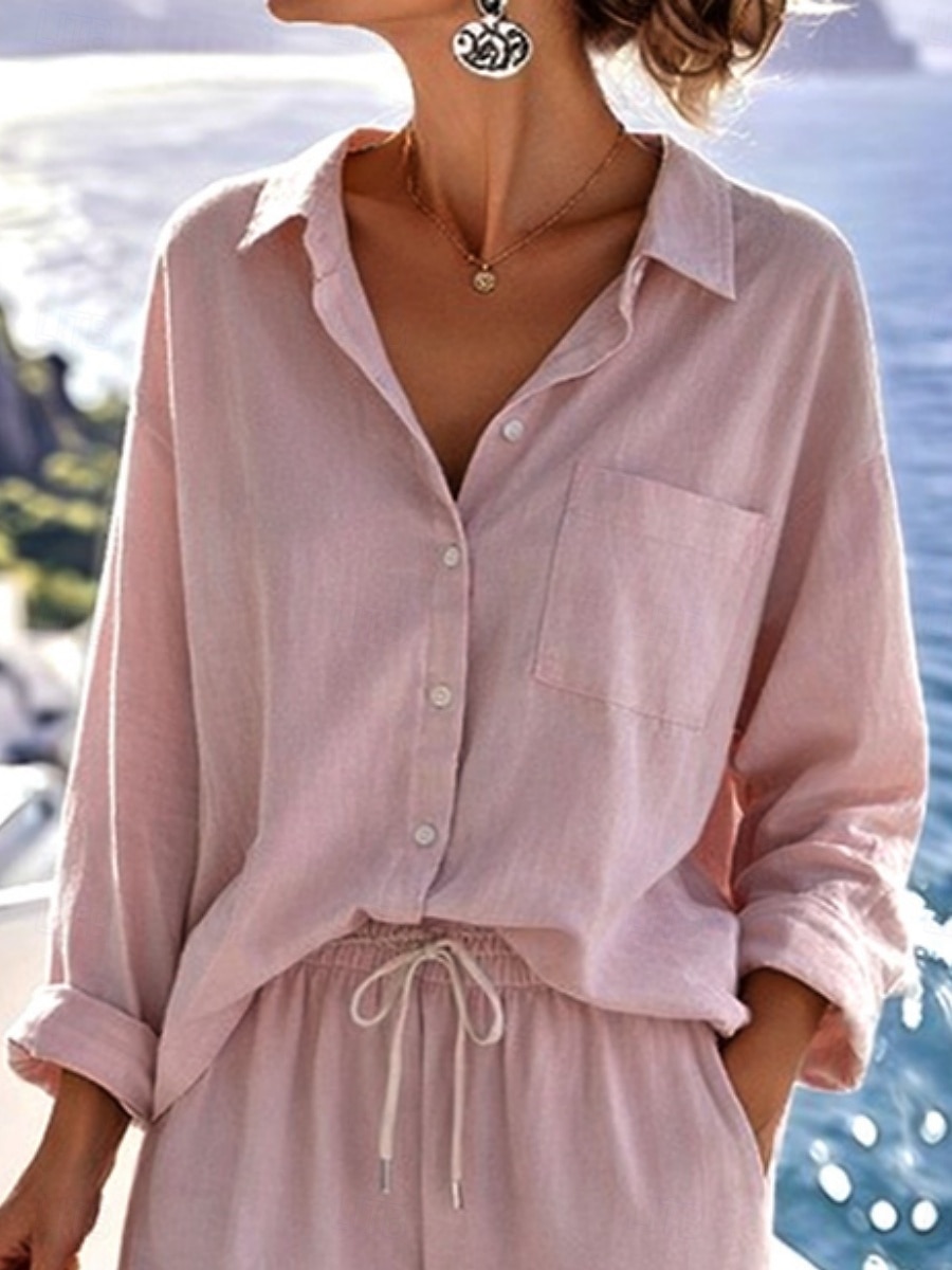 Damen Baumwoll-Leinen Hosen Sets Bolero Oberteil Langarm Hemd Kragen Einfarbig Mode Streetwear Lässig Alltag Draußen Blau Schwarz Weiß Sommer Lockerer Schnitt 2026 - $41.99 –P3