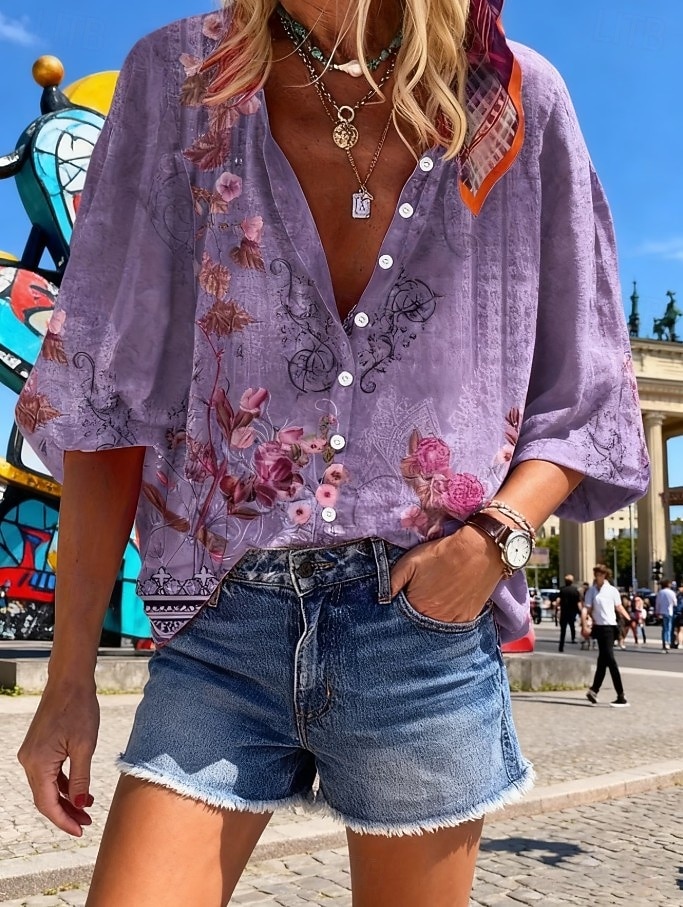 Жен. Рубашка С принтом Омбре Цветочный принт Графика Богемия Винтаж Повседневные Рукав 3/4 V-образный вырез Обычные топы Повседневные Праздники Одежда для пляжа 2026 - $42.99 –P18