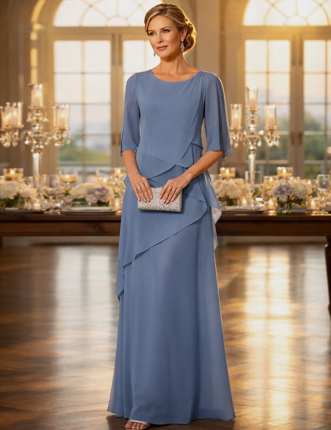 A-Line Floor Length Wedding Guest Dress Formal Dresses Tiered Dress Mother of the Bride Dress Half Sleeve Jewel Neck Elegant Vintage Simple Formal Chiffon with Ruffles Cascading Ruffles 2026 - $172.99 –P1