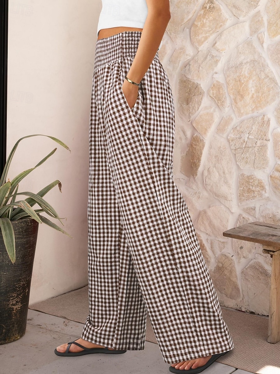Women's Wide Leg Chinos Vacation Fashion Streetwear Full Length High Waist Plaid Pocket Elastic Waistband Printing Comfy Comfort Soft Stretchy Daily Outdoor Street Blue Black Yellow Pink Spring Fall 2026 - $27.99 –P12