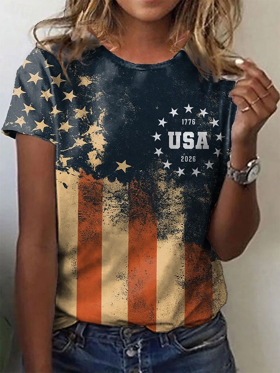 Jour de l'Indépendance Américaine Femmes T-shirt Imprimé Graphique Drapeau Élégant Classique Occasionnel Manche Courte Col ras du cou Col rond Hauts Réguliers Quotidien Bleu Rouge Rouge / Bleu Ét de 2026 ? $22.99 –P2