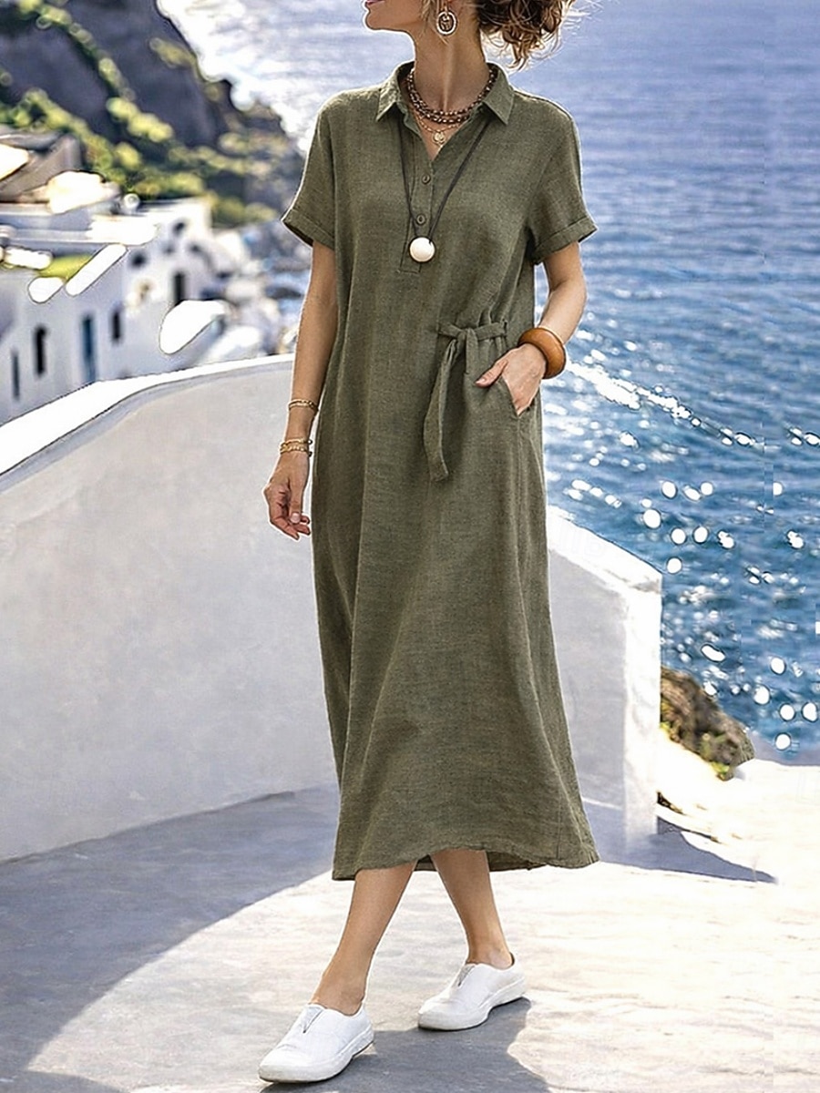 Per donna Abito maxi Abito a trapezio Abito Estivo Casual Quotidiano Vestibilità regolare Semplice Manica Corta Bavero Nero Grigio scuro Verde militare Estate del 2026 a $24.99 –P3