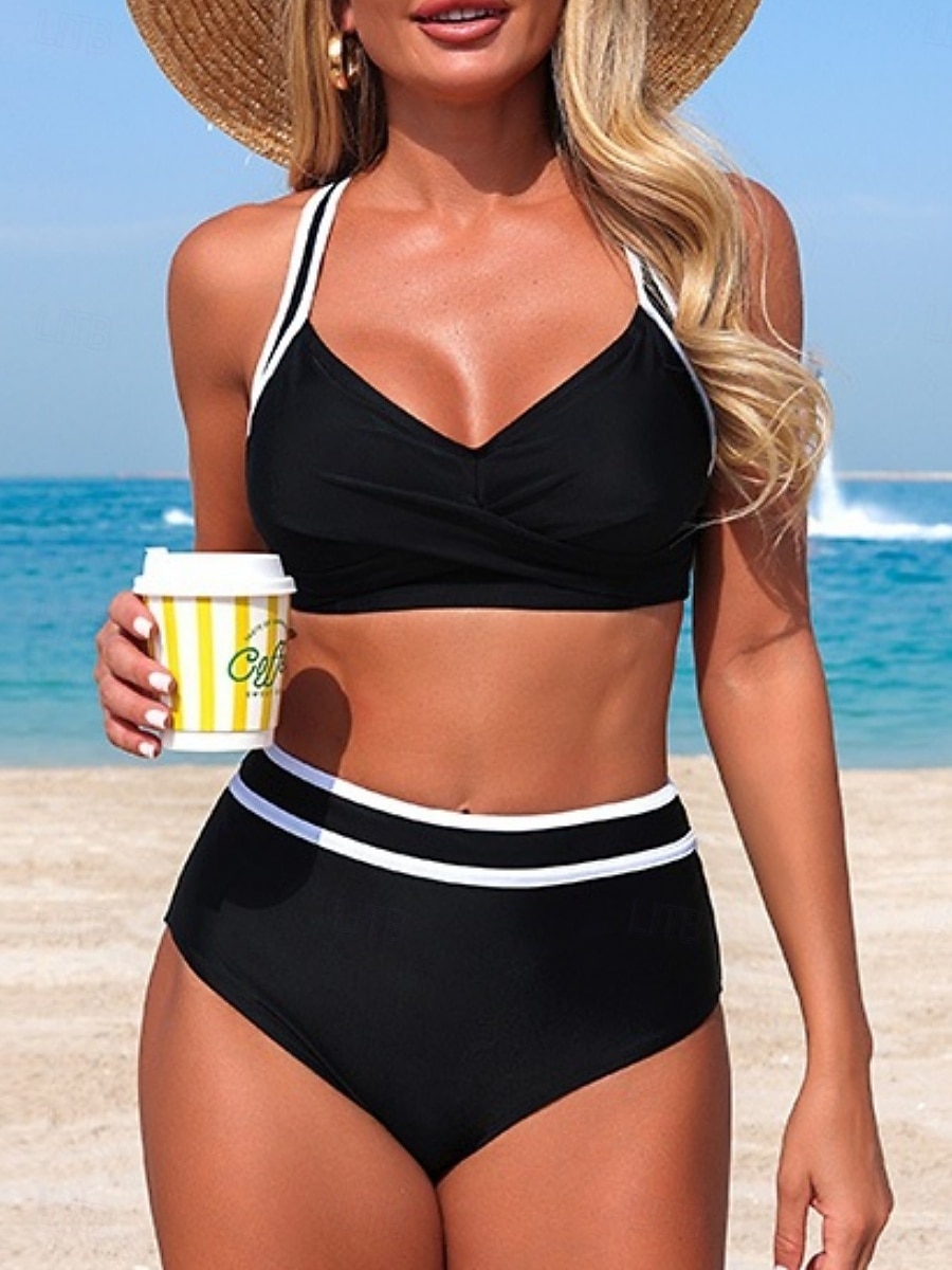 Per donna Costumi da bagno Bikini Due pezzi Mutande Costume da bagno Controllo della Pancia Vita alta Snello Senza schiena Vacanza Abbigliamento da Spiaggia A righe Scollo a V Senza Maniche Costumi del 2026 a $29.99 –P4