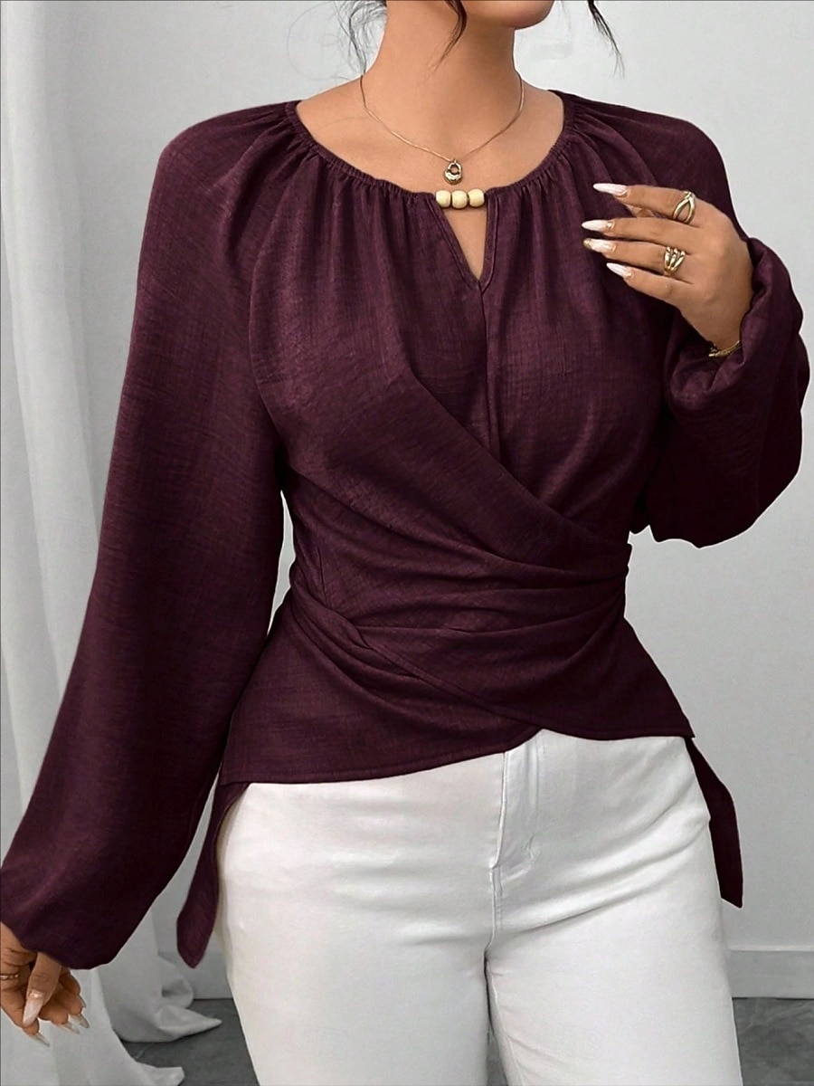 Women's Blouse Ruched Plain Elegant Stylish Basic Long Sleeve Crew Neck Regular Tops Daily Streetwear Black Pink Wine Green Khaki Spring Fall 2026 - $29.99 –P8