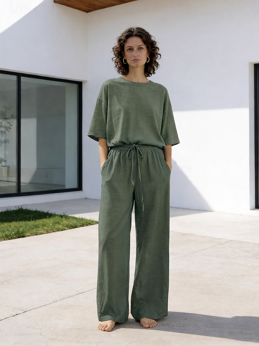 Completo pantaloni da donna in lino al 15%, completo in lino, tinta unita, tasca, elastico in vita, t-shirt, pantalone, casual, a maniche lunghe, girocollo, blu, nero, bianco, blu navy, marrone chiaro, estate, primavera del 2026 a $37.99 –P7