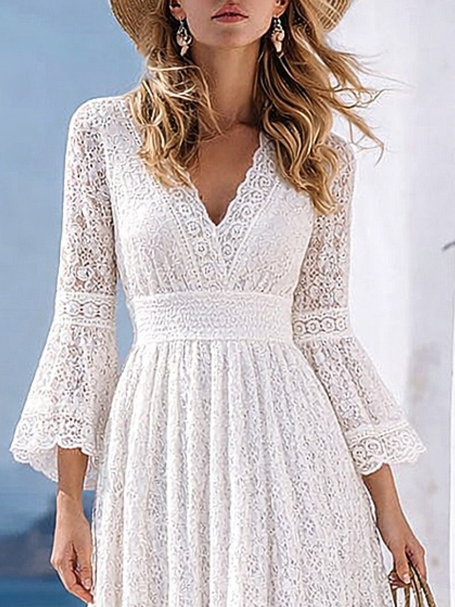 Per donna Abito maxi Abito in pizzo bianco Abito a trapezio Casual All'aperto Uscire Vestibilità standard Tinta unica Manica Lunga Scollo a V Bianco Estate Primavera Autunno del 2026 a $29.99 –P4