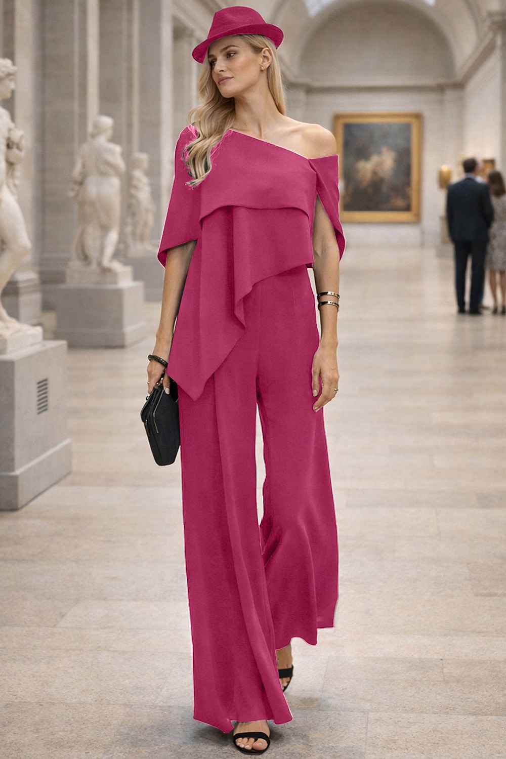 Jumpsuits Floor Length Mother of the Bride Dress Short Sleeve Off Shoulder Elegant Formal Wedding Guest Wedding Party Chiffon with Ruffles 2026 - $160.99 –P8