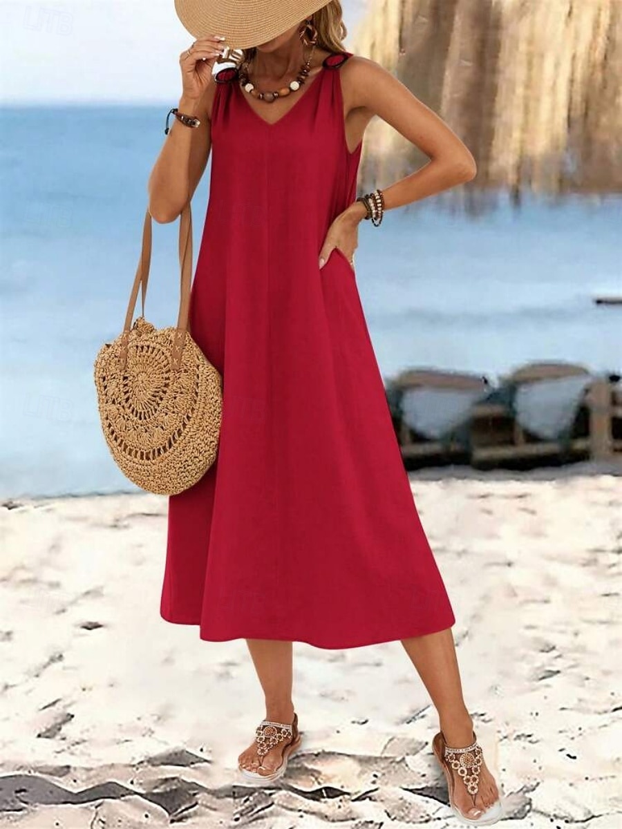 Dames Halflange jurk Hemdjurk Zomerjurk Casual Dagelijks Ruim Passend Effen Mouwloos V-hals Zwart Wijn Beige Zomer 2026 - $32.99 –P7