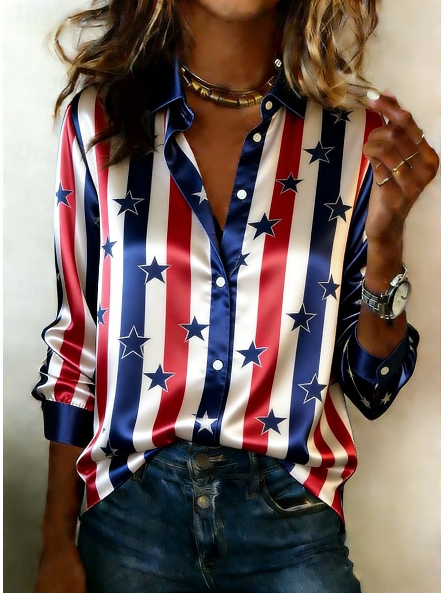 Giorno dell'Indipendenza Americana Per donna Camicia Camicia in raso Camicia button-down Camicia casual Stampato Grafico A righe Classico Casual Manica Lunga Colletto a Camicia Top Regolari del 2026 a $29.99 –P1