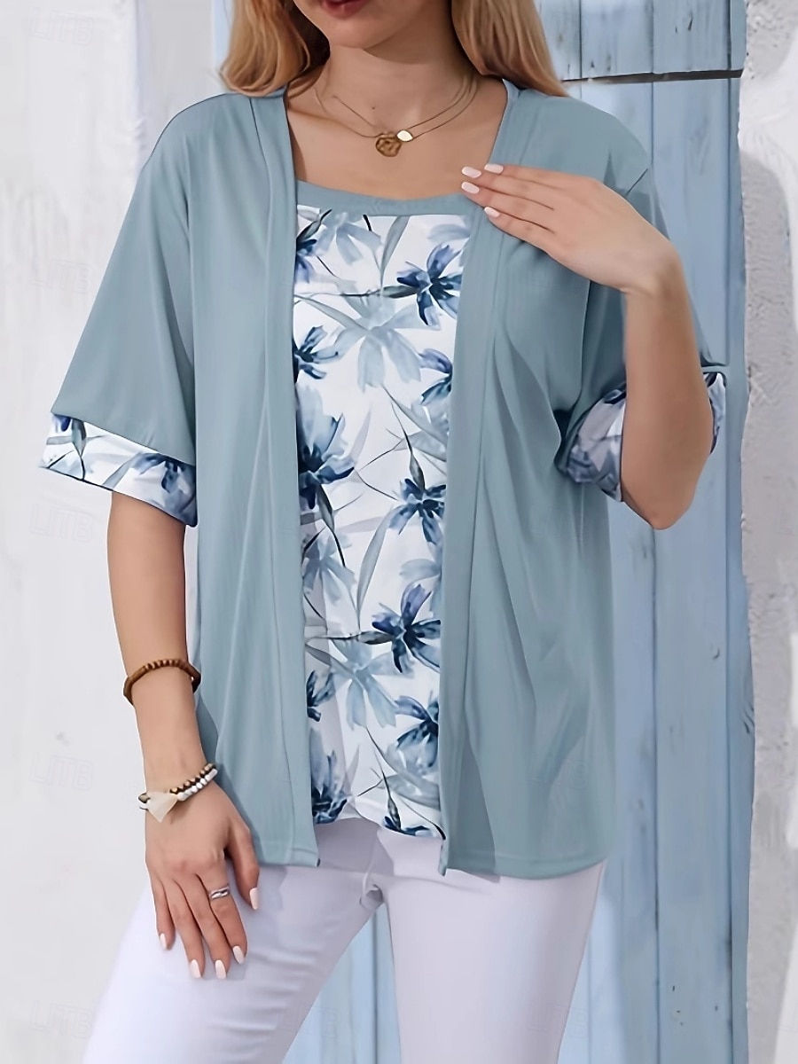Damen Bluse Patchwork Blumen Elegant Urlaub Lässig Halbarm Quadrathals Normale Oberteile Täglich Himmelblau Purpur Grün Khaki Sommer Frühling 2026 - $24.99 –P2