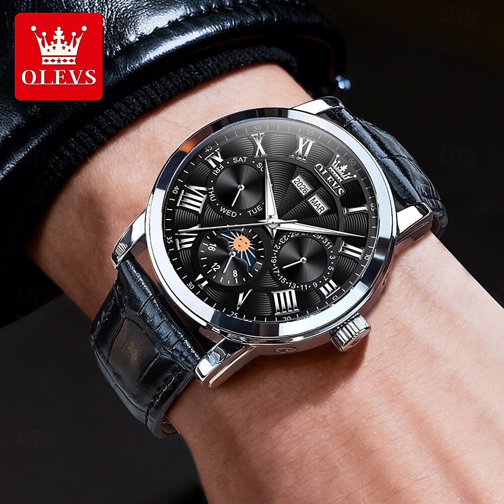 2026年 OLEVS 男性 機械式時計 クリエイティブ 贅沢 ファッション ビジネス スケルトン 自動巻き トゥールビヨン ムーンフェイズ表示 ステンレス レザー 腕時計  コレクション – $105.99 –P15