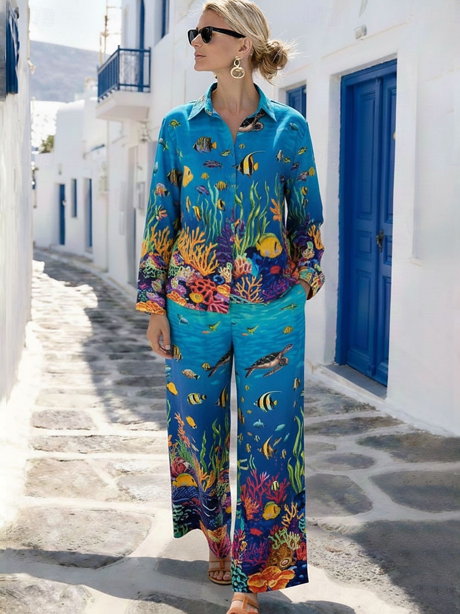 Dame Todelt sett Buksesett Bolero topp Langermet Skjortekrage Blomstret Grafisk Anlegg Trykt mønster Daglig Stilfull Avslappet Daglig Strand Blå Gul Rød Sommer Normal 2026 - $62.99 –P3