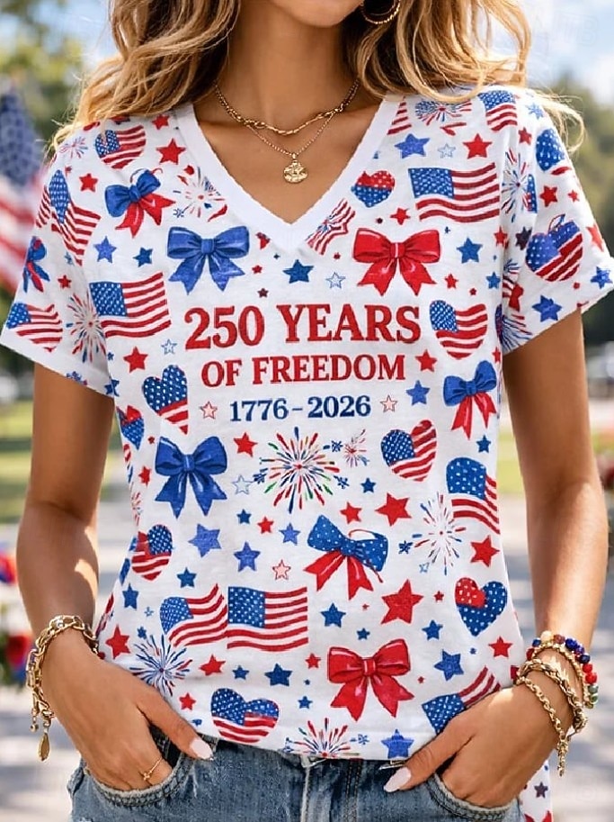 Día de la Independencia Aniversario Americano Camiseta Patriótica de Mujer Impresión Gráfica Bandera Vintage Elegante Clásico Manga Corta Cuello en V Tops Regulares Diarios Azul Blanco Azul Blanco 2026 - $21.99 –P3