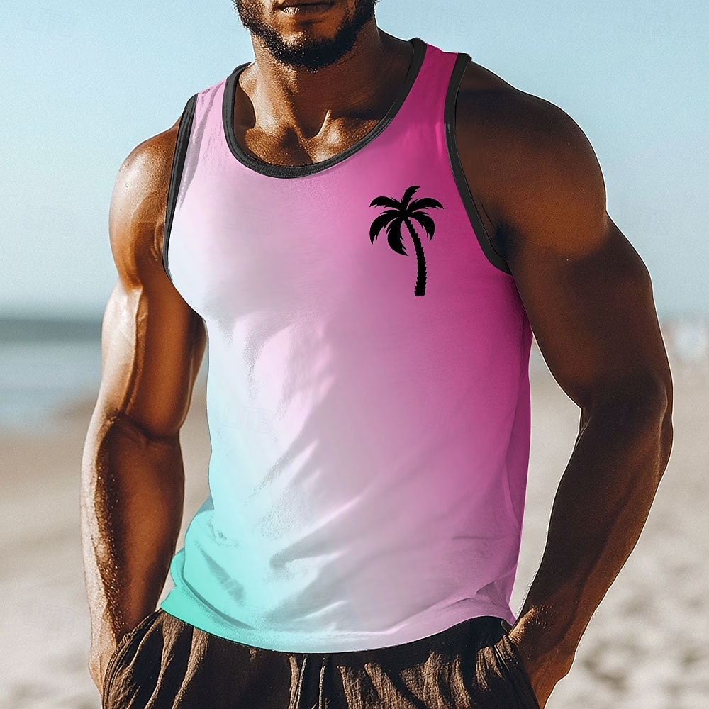 Canotta da uomo senza maniche, scollo a U, estiva, ciano, azzurro, giallo sfumato, sfumato, minimalista, nero, palma, spiaggia tropicale, vacanza, moda, strada, casual, sportivo, t-shirt per uomo del 2026 a $17.99 –P3