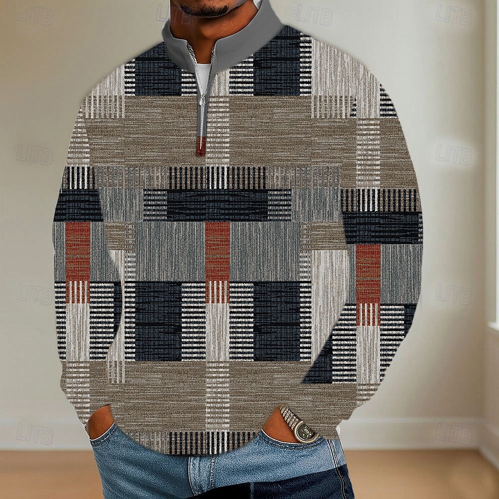 Per uomo Blocco di colori Geometrico Polo Manica Lunga Colletto Mao Athleisure Vacanza Athleisure Casual Quotidiano Stampa 3D Primavera Autunno Blu Viola Marrone del 2026 a $22.99 –P6