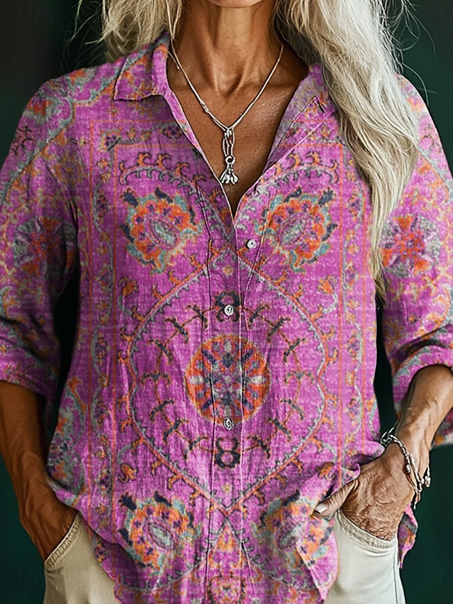 Per donna Camicia Finto cotone e lino Bottoni Stampato Floreale Bohemien Attivo Casual Manica Lunga Colletto a Camicia Top Regolari Quotidiano Ferie Blu Rosa Viola Estate Primavera Autunno del 2026 a $35.99 –P5