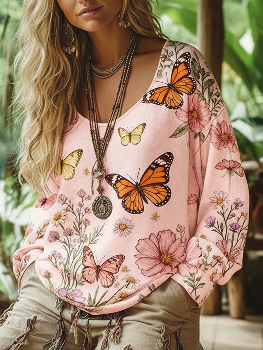 Dames Boho-T-shirt T-shirt Afdrukken Bloemig Vintage Etnisch Casual Lange mouw V-hals Normale tops Dagelijks Weekend Vakantiekleding Blozend Roze Zomer Lente Herfst 2026 - $27.99 –P3