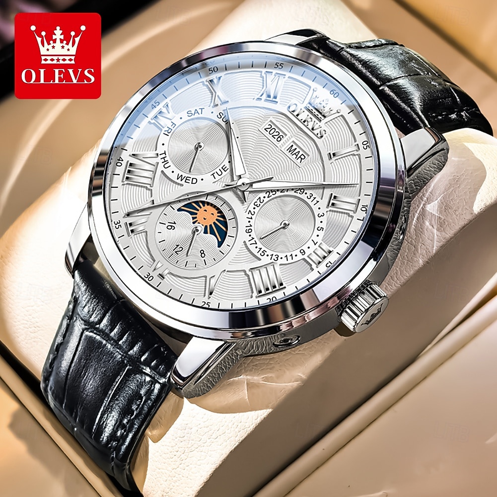 2026年 OLEVS 男性 機械式時計 クリエイティブ 贅沢 ファッション ビジネス スケルトン 自動巻き トゥールビヨン ムーンフェイズ表示 ステンレス レザー 腕時計  コレクション – $105.99 –P6