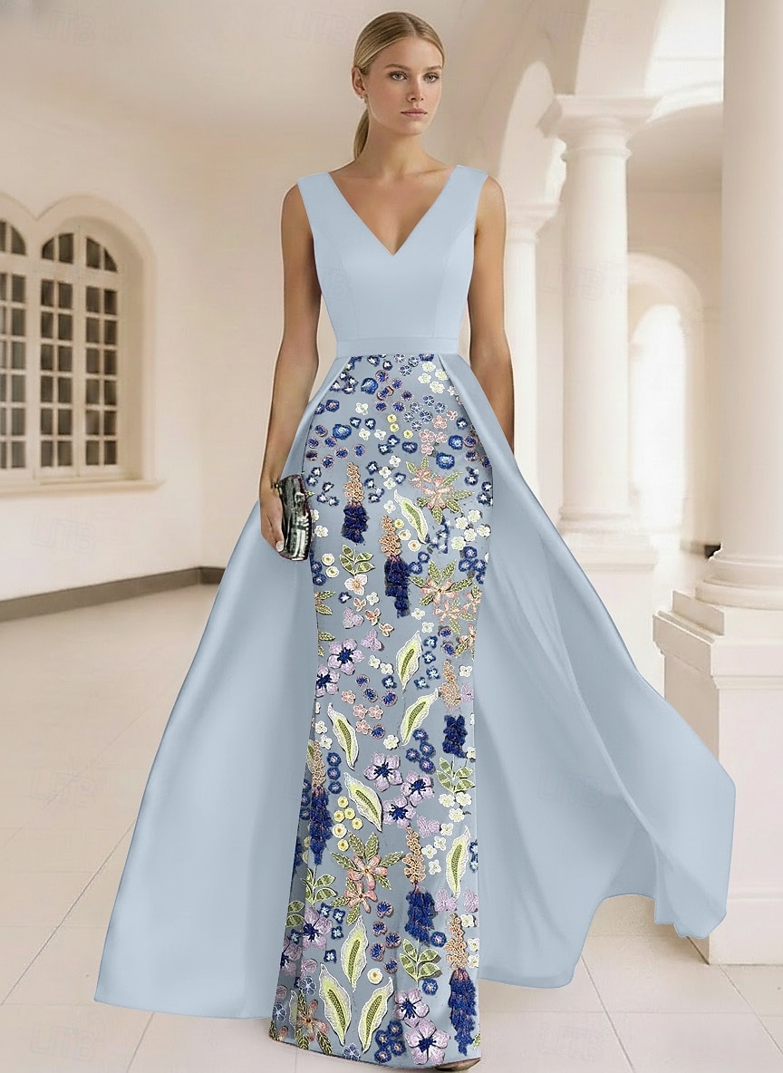 Abito da ballo Lunghezza al pavimento Abito da ballo con sopragonna Elegante Senza Maniche Scollo a V Matrimonio Formale Raso Pizzo con Fiore ricamato Fiori 3D del 2026 a $182.99 –P5