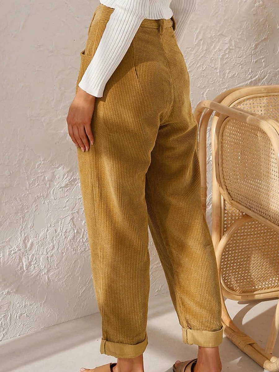 Dames Broek Corduroybroek Vrijetijdsbroek Recht Modieus Streetwear Basic Volledige lengte Hoge taille Effen Zak Comfortabel Inelastisch Dagelijks Vakantie Straat Zwart Wit Marineblauw Oranje Lente 2026 - $22.99 –P5