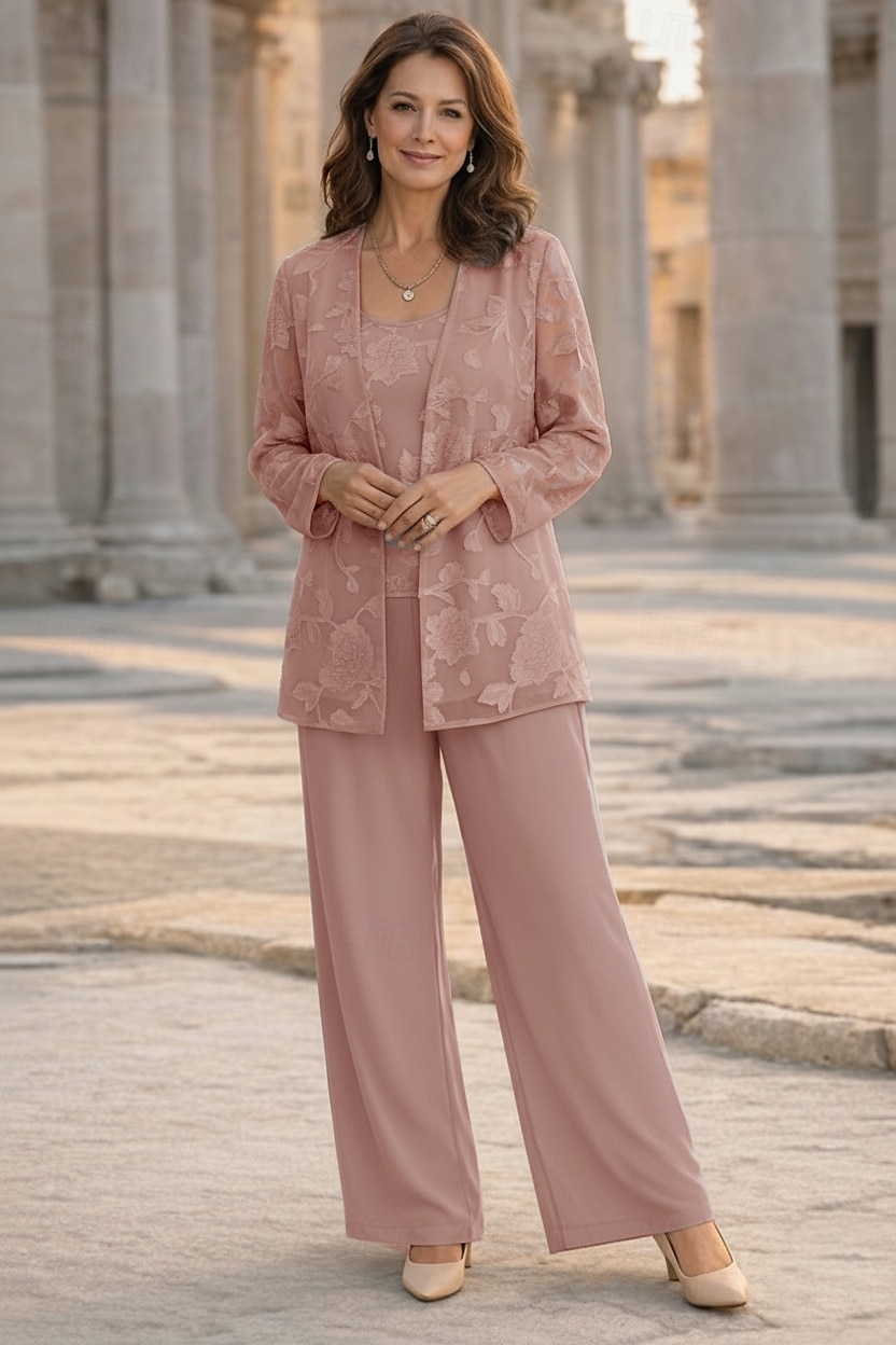 Dreiteilig Hosenanzug Bodenlang Brautmutterkleid Langarm U-Boot-Ausschnitt Elegant Minimalistisch Formell Hochzeitsgast Ferien Chiffon Mit Schal mit Blume 2026 - CHF127.07 –P7