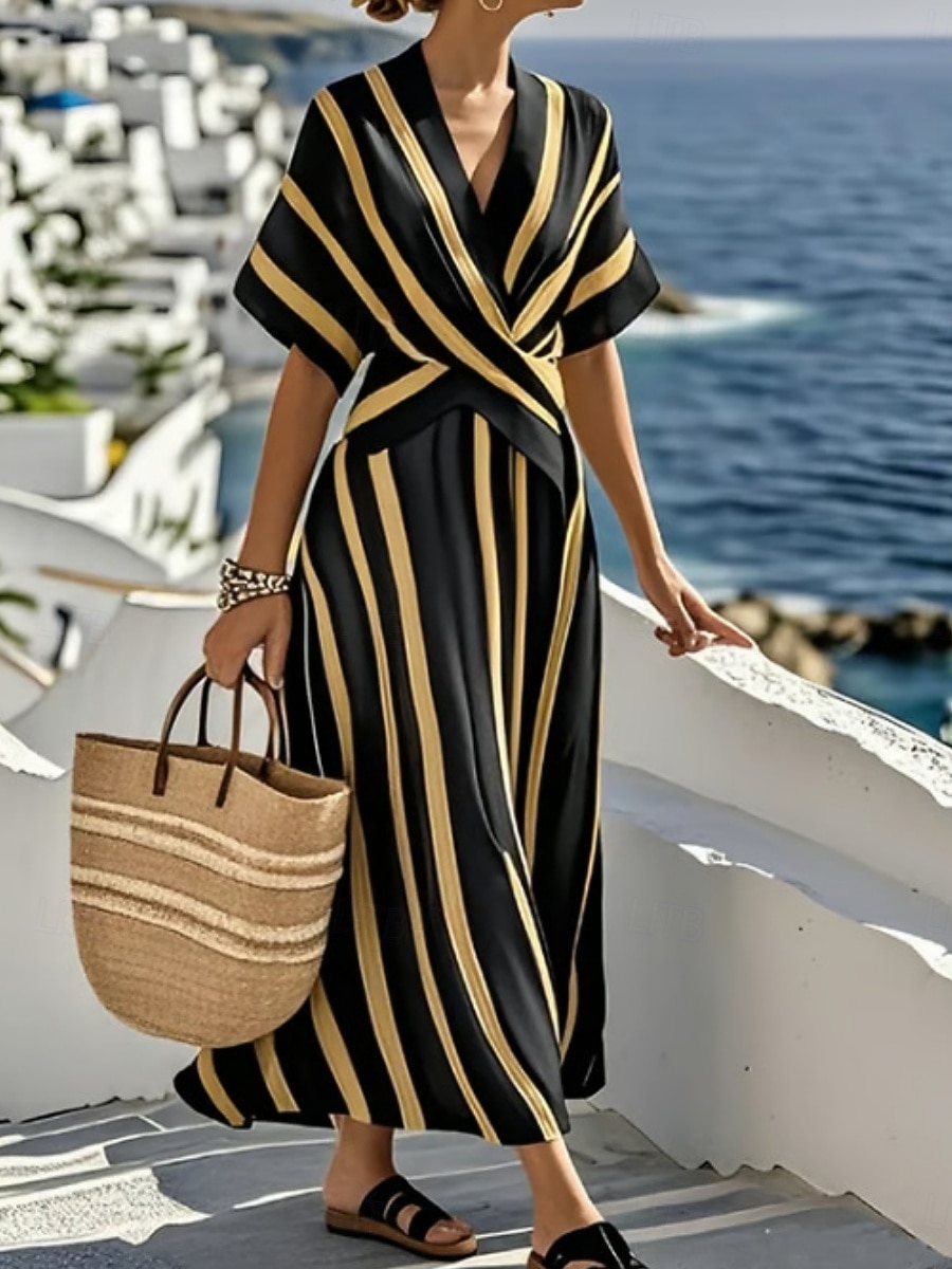 Mujer Vestido Midi Vestido de una línea Vacaciones Casual Exterior Noche Ajuste regular Raya Manga Corta Escote en Pico Azul marinero Amarillo Azul cielo Beige Verano Primavera 2026 - $41.99 –P1