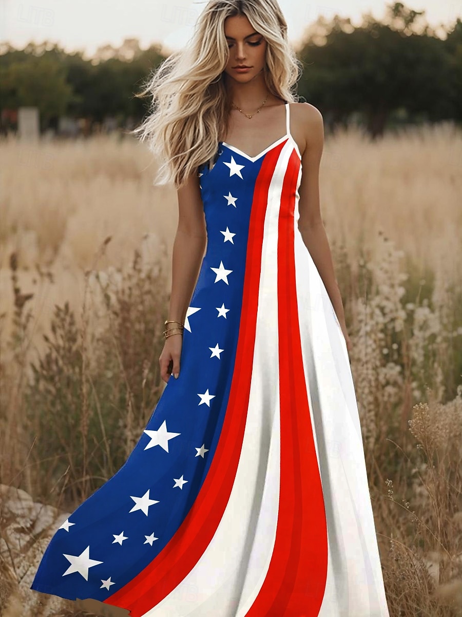 Függetlenség Napján Patriotikus Női Maxi Ruha Napsugár Ruha A Vonala Ruha Slip Ruha Nyaralás Hétköznapi Kimenő Strand Szabványos Illeszkedés Grafikus Csillagok és Csíkok Nemzeti Zászló Ujjatlan V 2026 - $36.99 –P3