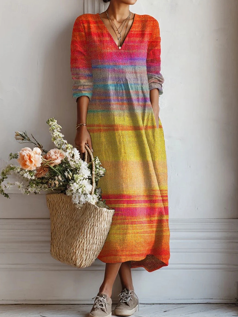 Women's Midi Dress Sundress A Line Dress Vacation Casual Boho Holiday Regular Fit Ombre Graphic Geometric Long Sleeve V Neck Yellow Pink Orange Summer Spring 2026 - $41.99 –P3