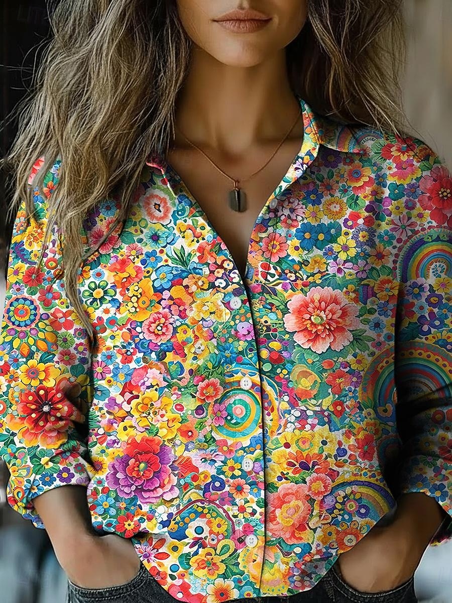 Жен. Рубашка Искусственный хлопок и лен Пуговицы С принтом Загар и защита от солнца Богемия Винтаж Стиль Длинный рукав Рубашечный воротник Обычные топы Повседневные Праздники 2026 - $35.99 –P8