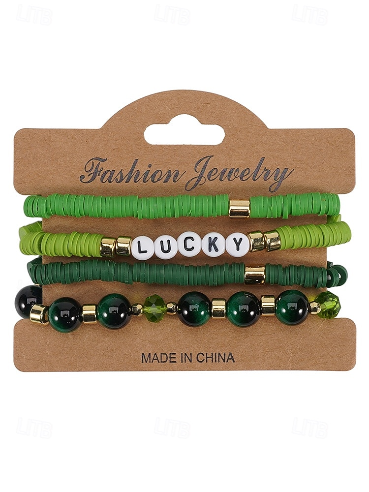 Set de brățări cu mărgele pentru femei de Ziua Sfântului Patrick, brățări cu pandantive din rășină și aliaj, bijuterii cu litere irlandeze cu trifoi în mai multe stiluri, perfecte pentru parade de sărbători, petreceri și ținute festive 2026 - $9.99 –P13