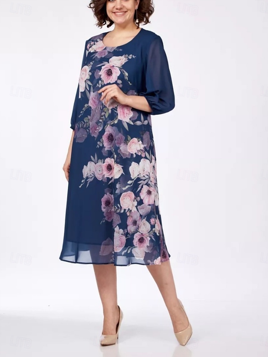 Per donna Abito Midi Abito a Tubino Vacanza Casual All'aperto Uscire Vestibilità comoda Floreale Mezza Manica Girocollo Blu Blu chiaro Nero Estate Primavera Autunno del 2026 a $33.99 –P2