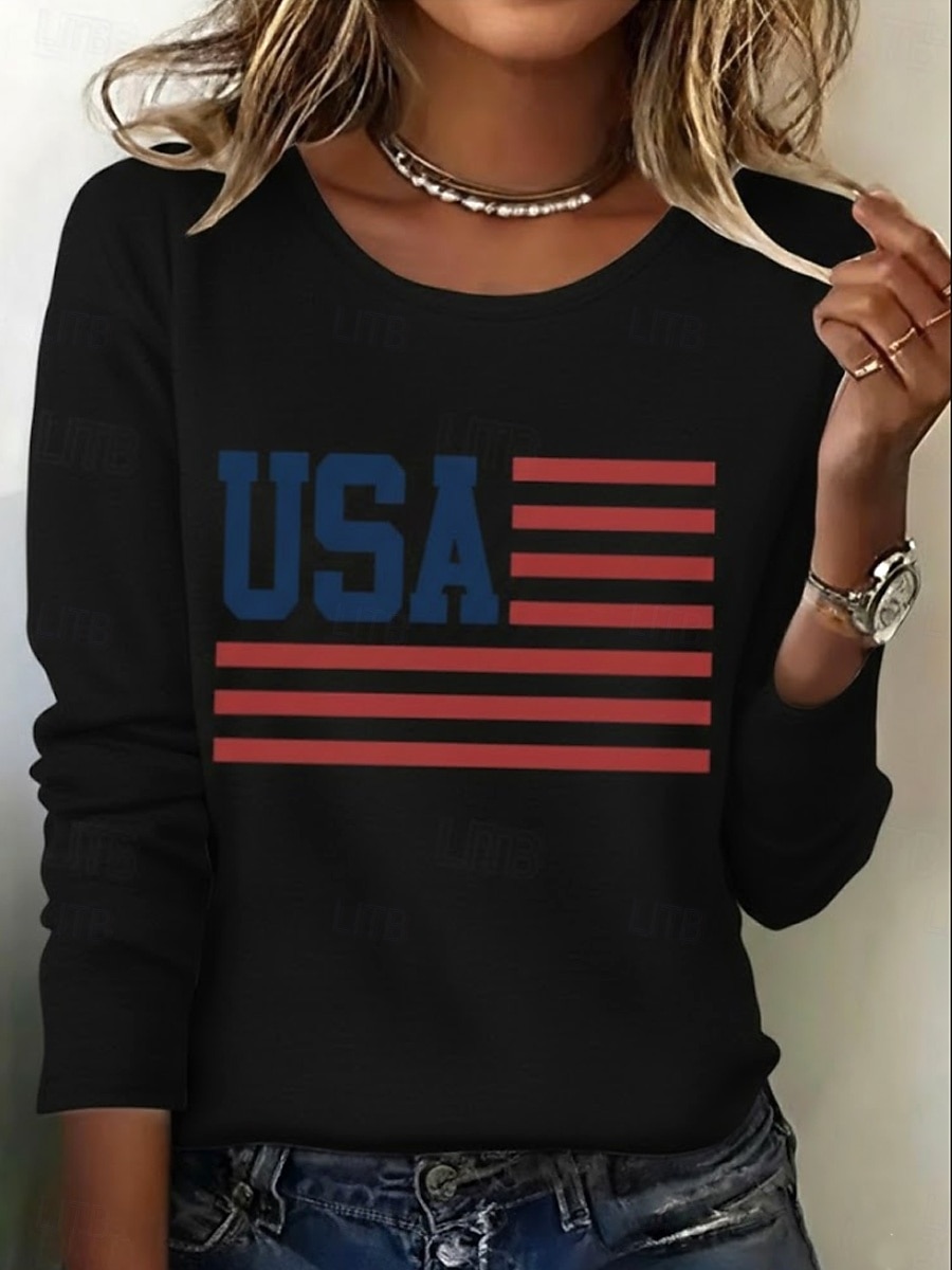 Ημέρα Ανεξαρτησίας Πατριωτικό Γυναικείο T-Shirt Εκτύπωση Γραφικό Σημαία Αμερικανικής Σημαίας Μοδάτο Κλασικό Καθημερινό Μακριά Μανίκια Crew Neck Κανονικά Tops Καθημερινό Μπλε Μαύρο Λευκό Κόκκινο 2026 - $24.99 –P4