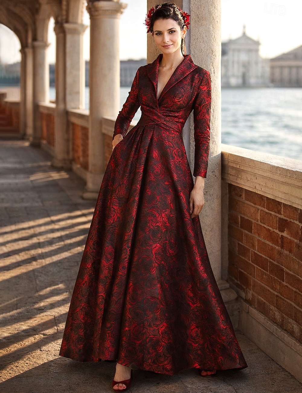 Corte A Hasta el Suelo Vestido Invitada Boda Vestido formal Vestido de la Llamarada Vestido de Madrina Manga Larga Cuello Camisero Elegante Vintage Boda Formal Invitado a la boda Nailon con Lazo(s 2026 - $195.99 –P3